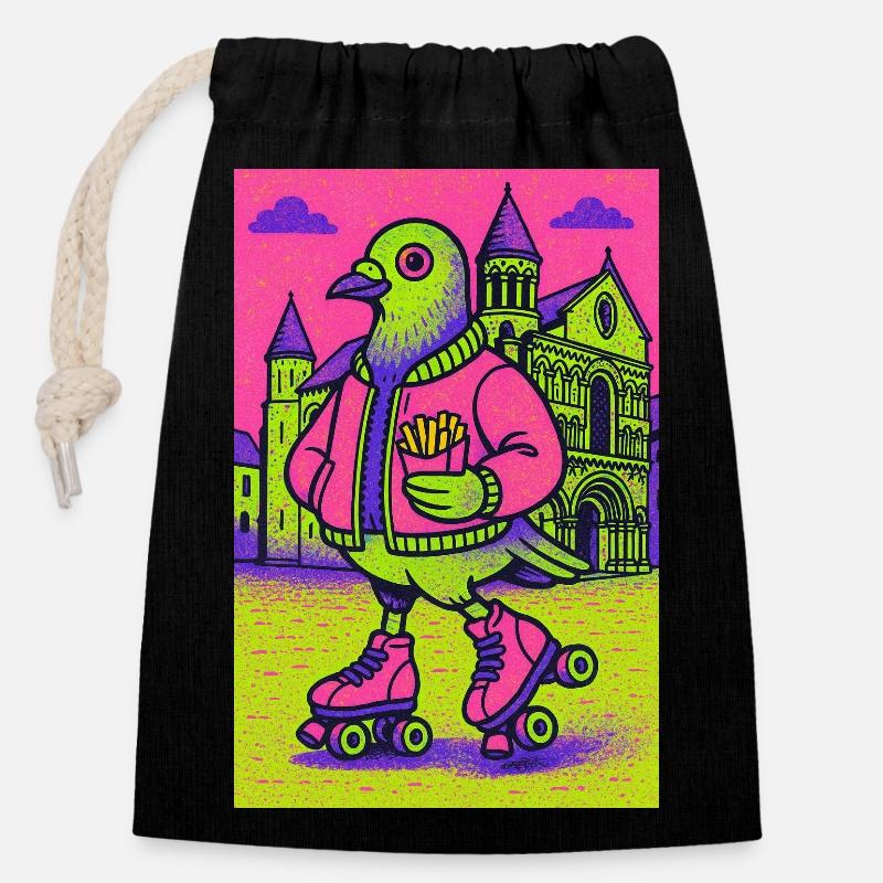 Neon_Pigeon_Roller-skater_2 - Sac cadeau en coton avec cordon (14 x 20 cm) - noir