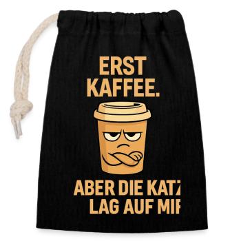 Premier café, chat ment sur moi, cadeau drôle - Sac cadeau en coton avec cordon (14 x 20 cm) - noir - Devant