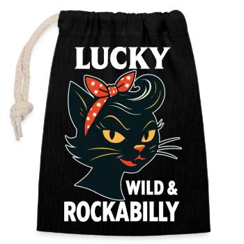 Lucky, Wild & Rockabilly: Schwarze Retro Katze - Verschließbarer Geschenkbeutel aus Baumwolle (14x20cm) - Schwarz - Vorne
