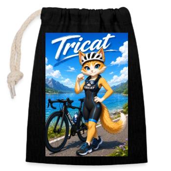 Tricat : Chat en tenue de triathlon - Sac cadeau en coton avec cordon (14 x 20 cm) - noir - Devant