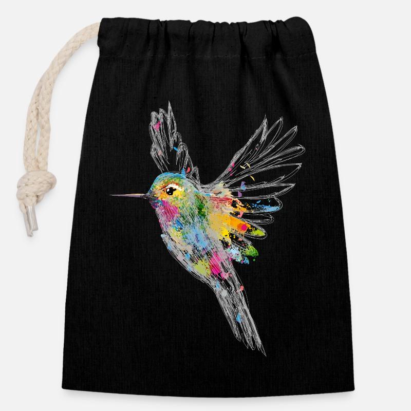 Un colibri Aquarelle Graffiti - Sac cadeau en coton avec cordon (14 x 20 cm) - noir