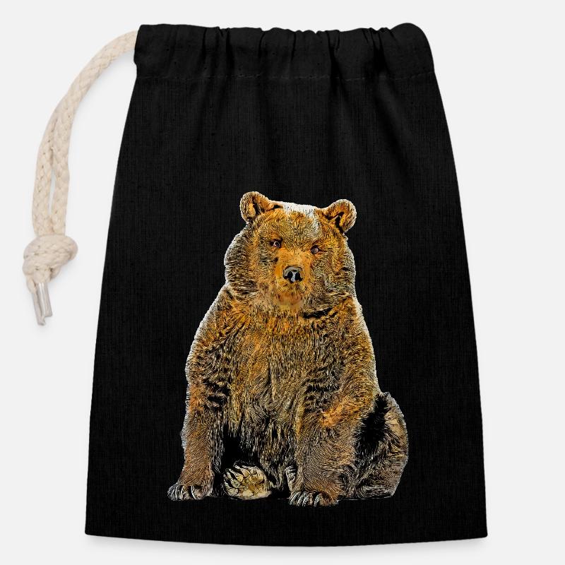 Ours de dessin animé - Sac cadeau en coton avec cordon (14 x 20 cm) - noir