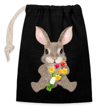 Lapin brun avec bouquet de fleurs printanières - Sac cadeau en coton avec cordon (14 x 20 cm) - noir - Devant