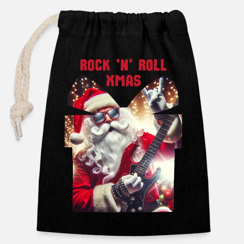 Rock n Roll Xmas - Weihnachtsmann Rocker - Verschließbarer Geschenkbeutel aus Baumwolle (14x20cm) - Schwarz