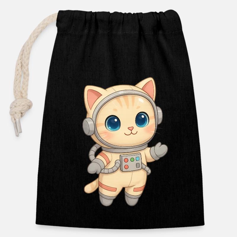 Chat aventurier de l’espace - Sac cadeau en coton avec cordon (14 x 20 cm) - noir
