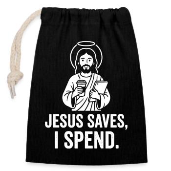 Jesus rettet, ich gebe aus - Verschließbarer Geschenkbeutel aus Baumwolle (14x20cm) - Schwarz - Vorne