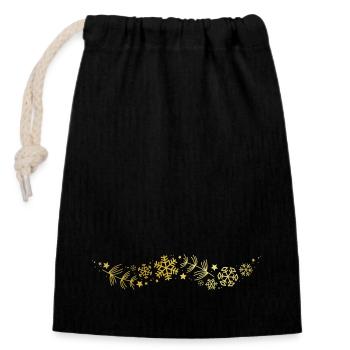 Fir branch, snowflakes and stars in gold - Closable cotton gift bag (14x20cm) - black - Front