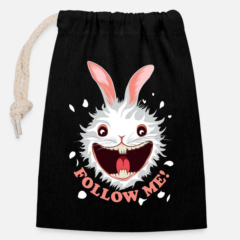 Follow Me! | Suivez Le Lapin Blanc - Sac cadeau en coton avec cordon (14 x 20 cm) - noir