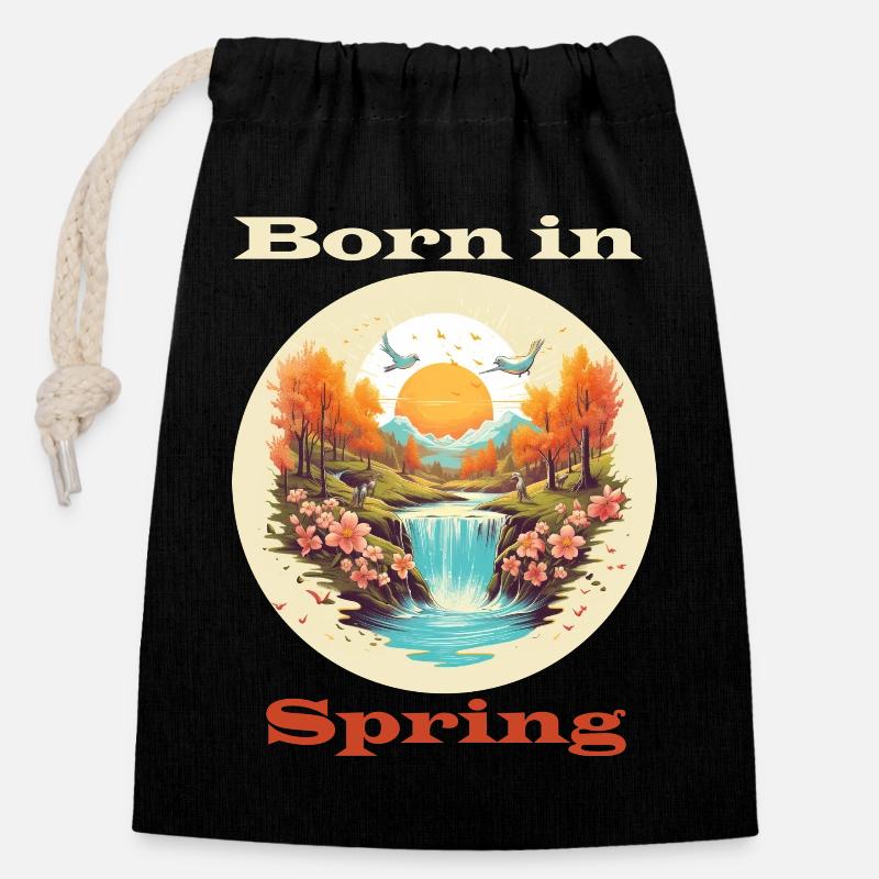 Né au printemps - Sac cadeau en coton avec cordon (14 x 20 cm) - noir