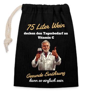 75 Liter Wein - Gesunde Ernährung so einfach - Verschließbarer Geschenkbeutel aus Baumwolle (14x20cm) - Schwarz - Vorne