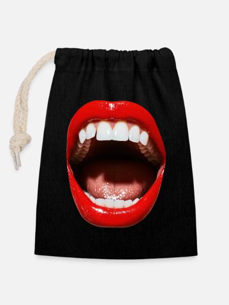 Offener Mund mit rotem Lippenstift - Verschließbarer Geschenkbeutel aus Baumwolle (14x20cm) - Schwarz