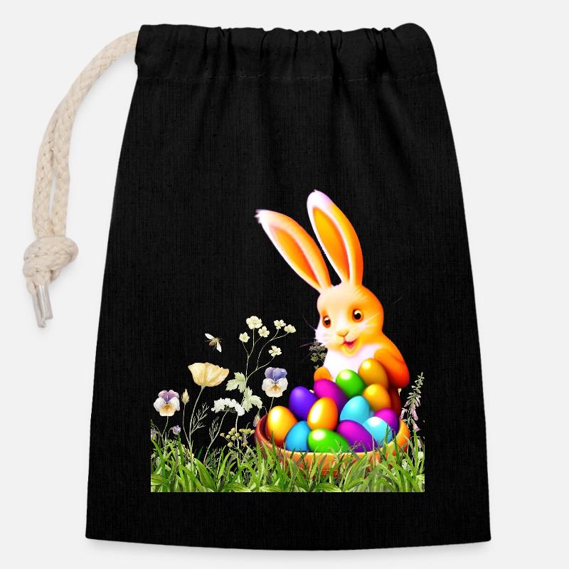 Easter bunny with colorful eggs - Closable cotton gift bag (14x20cm) - black