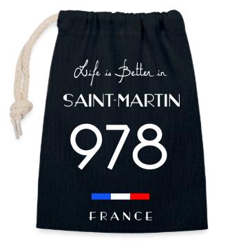 La vie est meilleure à SAINT-MARTIN Numéro 978 - Sac cadeau en coton avec cordon (14 x 20 cm) - bleu marine - Devant