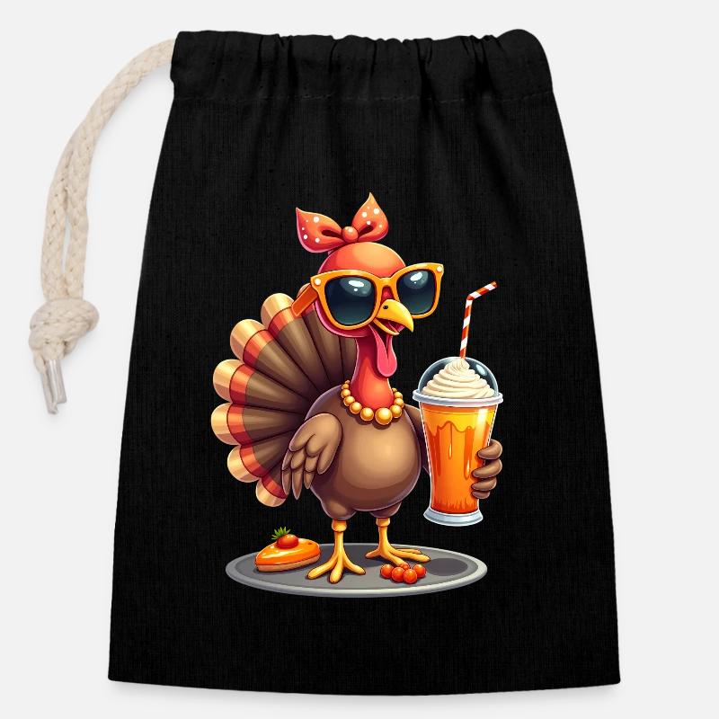 Dinde de Thanksgiving avec lunettes de soleil - Sac cadeau en coton avec cordon (14 x 20 cm) - noir