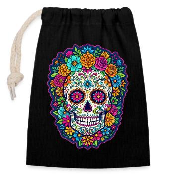 Tête de mort mexicaine sugar skull crâne fleurs - Sac cadeau en coton avec cordon (14 x 20 cm) - noir - Devant