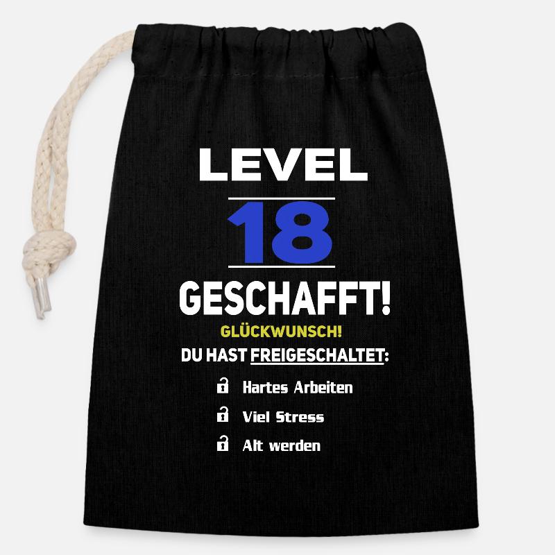Level 18 - 18. Geburtstag Gaming lustiges Geschenk - Verschließbarer Geschenkbeutel aus Baumwolle (14x20cm) - Schwarz