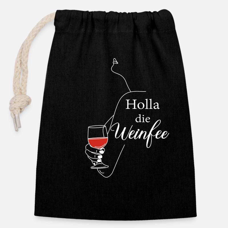 Weißwein Rotwein JGA Vino Wein - Holla die Weinfee - Verschließbarer Geschenkbeutel aus Baumwolle (14x20cm) - Schwarz