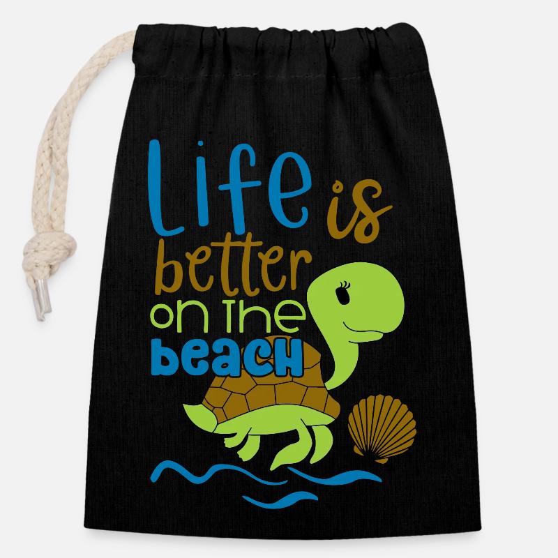 Life is better on the beach - Verschließbarer Geschenkbeutel aus Baumwolle (14x20cm) - Schwarz