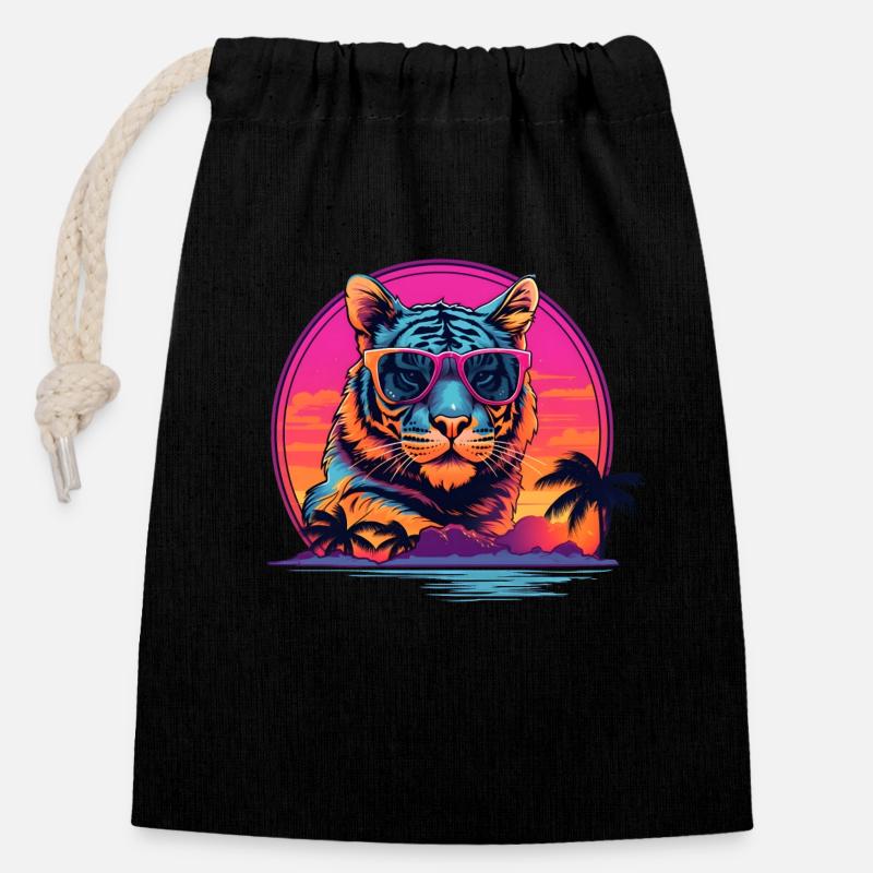 Synthwave Tiger Sunset - Sac cadeau en coton avec cordon (14 x 20 cm) - noir