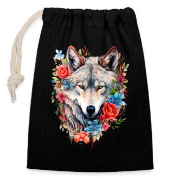 Wolf mit Blumen Mädchen - Verschließbarer Geschenkbeutel aus Baumwolle (14x20cm) - Schwarz - Vorne