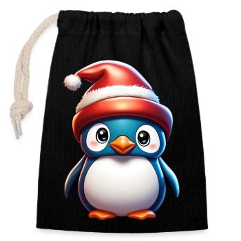 Manchot / Animal / Noël / Hiver / Enfantin - Sac cadeau en coton avec cordon (14 x 20 cm) - noir - Devant