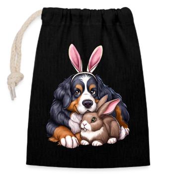 Berner Sennenhund und Hase - Verschließbarer Geschenkbeutel aus Baumwolle (14x20cm) - Schwarz - Vorne