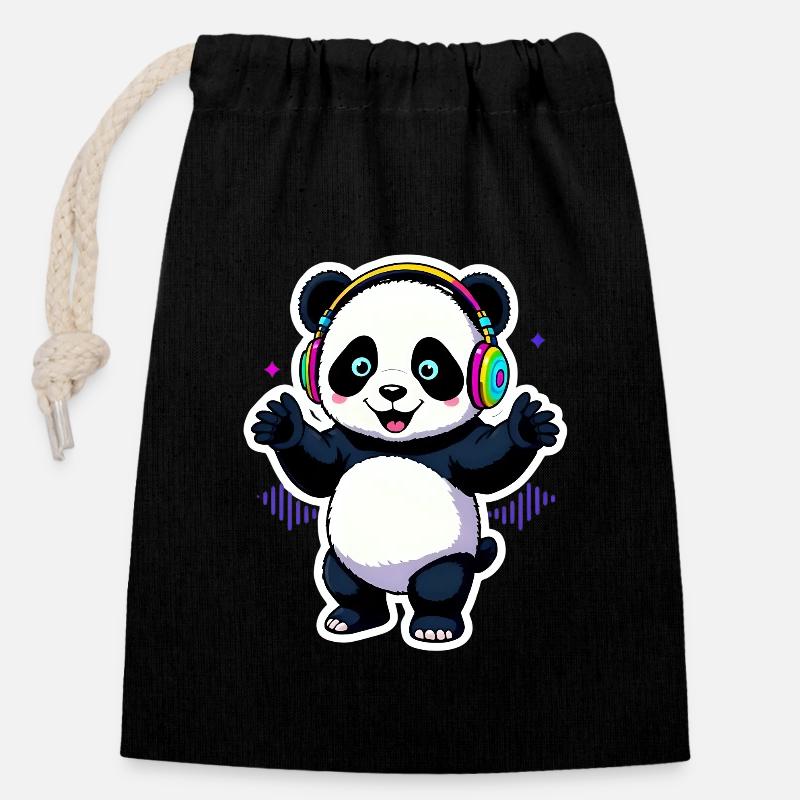 Party Panda mit Beats - Verschließbarer Geschenkbeutel aus Baumwolle (14x20cm) - Schwarz