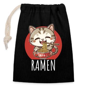 Retro Kawaii Cat Eats Ramen - Closable cotton gift bag (14x20cm) - black - Front