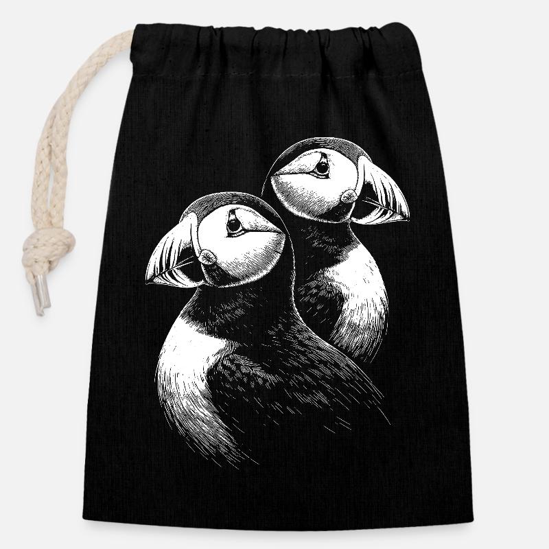 Macareux - Sac cadeau en coton avec cordon (14 x 20 cm) - noir