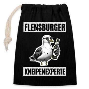 Flensburger Kneipen Experte - Verschließbarer Geschenkbeutel aus Baumwolle (14x20cm) - Schwarz - Vorne