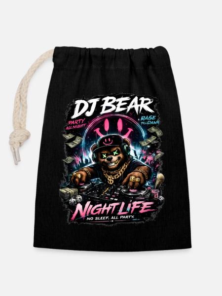 DJ Bear Nachtleben Orso Neon - Verschließbarer Geschenkbeutel aus Baumwolle (14x20cm) - Schwarz