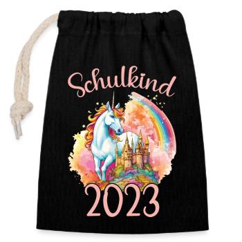 Schoolchild 2023 School enrollment unicorn school pupil - Closable cotton gift bag (14x20cm) - black - Front