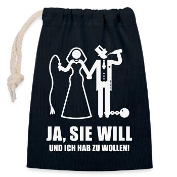 Ja, Sie Will … (Bräutigam, Junggesellenabschied W) - Verschließbarer Geschenkbeutel aus Baumwolle (14x20cm) - Navy - Vorne