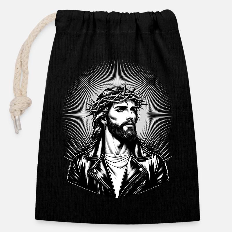 Jesus Christus mit stylischer Frisur & Lederjacke - Verschließbarer Geschenkbeutel aus Baumwolle (14x20cm) - Schwarz