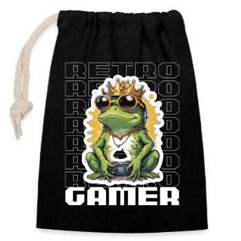 Retro Gamer Frosch mit Controller Konsolenspiele - Verschließbarer Geschenkbeutel aus Baumwolle (14x20cm) - Schwarz - Vorne