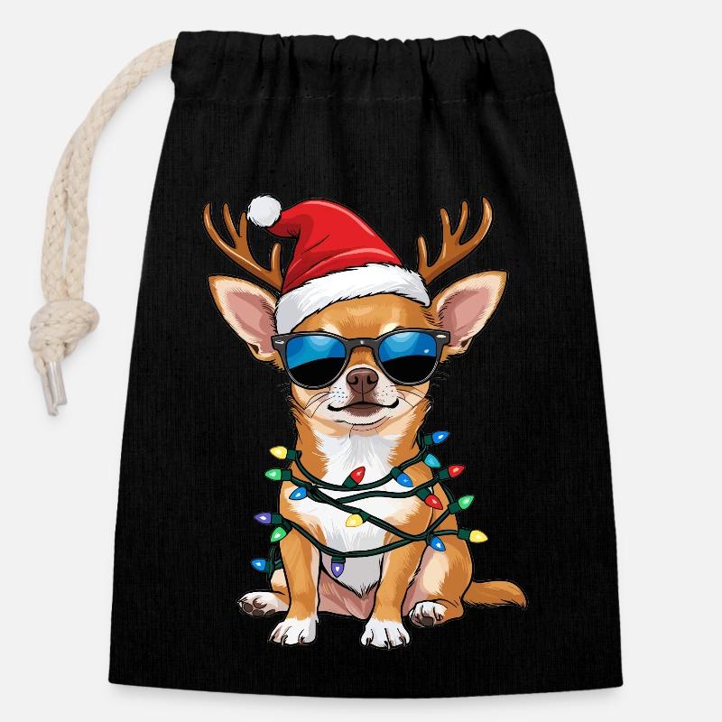 Chihuahua de Noël - Sac cadeau en coton avec cordon (14 x 20 cm) - noir