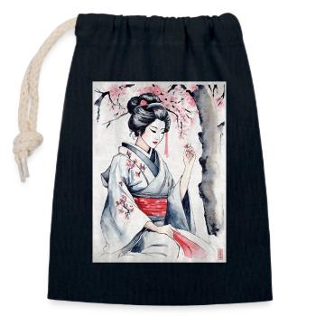Geisha aquarelle - Sac cadeau en coton avec cordon (14 x 20 cm) - bleu marine - Devant