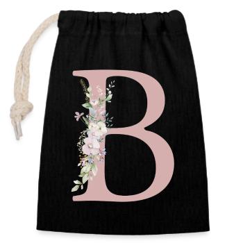 B Monogramme, Floral, Personnalisable - Sac cadeau en coton avec cordon (14 x 20 cm) - noir - Devant