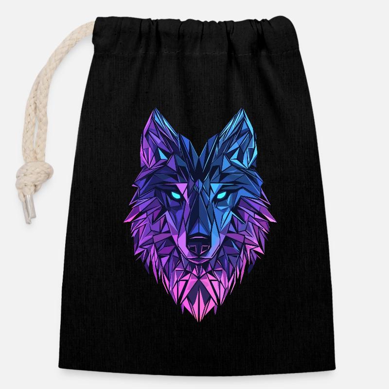 Polygon Wolf – Neon Wolfskopf in Blau & Lila - Verschließbarer Geschenkbeutel aus Baumwolle (14x20cm) - Schwarz
