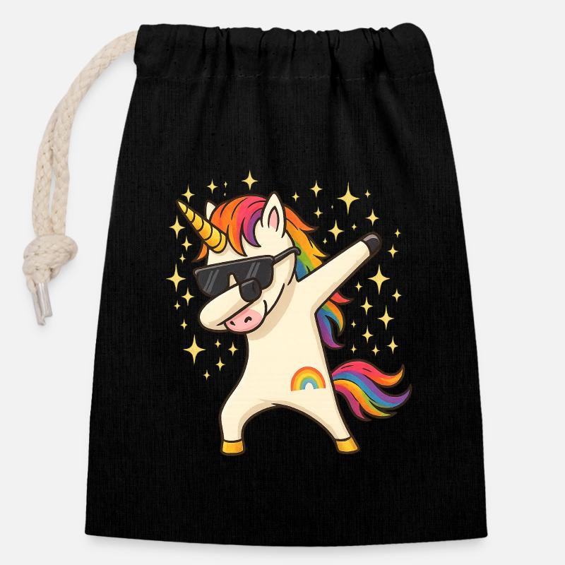 Licorne - Sac cadeau en coton avec cordon (14 x 20 cm) - noir