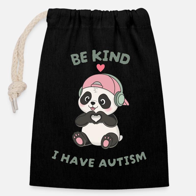 Be Kind I Garden Autism Panda - Closable cotton gift bag (14x20cm) - black