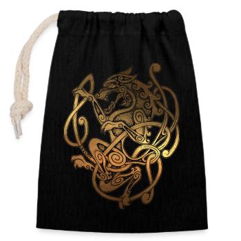 FENRIR - Wolf Odin - Vintage Gold - Nordisch Antik - Verschließbarer Geschenkbeutel aus Baumwolle (14x20cm) - Schwarz - Vorne