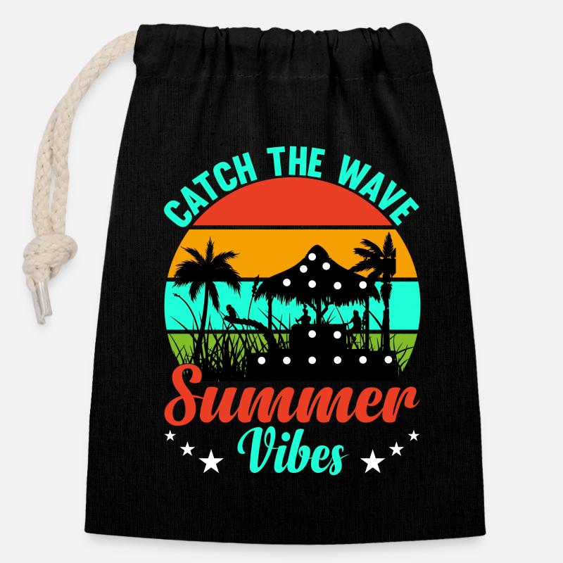 Été Été Attrapez la vague - Sac cadeau en coton avec cordon (14 x 20 cm) - noir