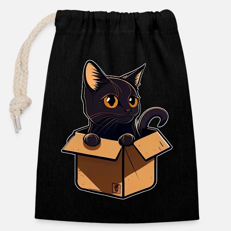 Chat noir dans une boîte v2 - Sac cadeau en coton avec cordon (14 x 20 cm) - noir