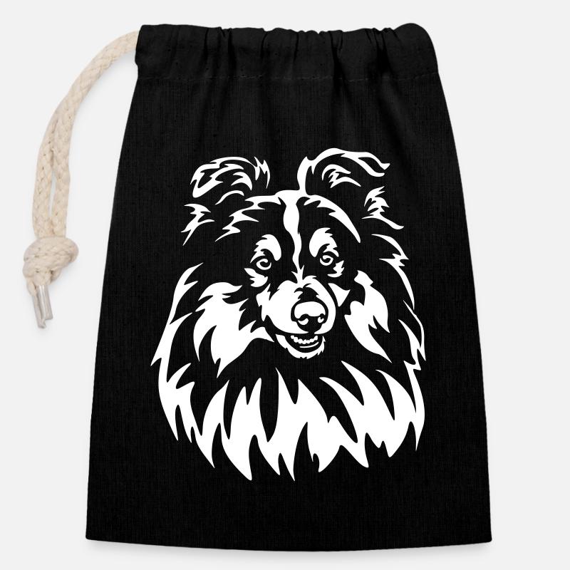 Sheltie Head « Black Edition » - Sac cadeau en coton avec cordon (14 x 20 cm) - noir