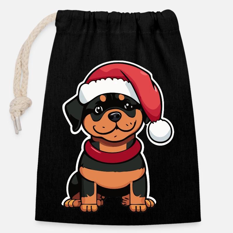 Noël sucré Rottweiler - Sac cadeau en coton avec cordon (14 x 20 cm) - noir