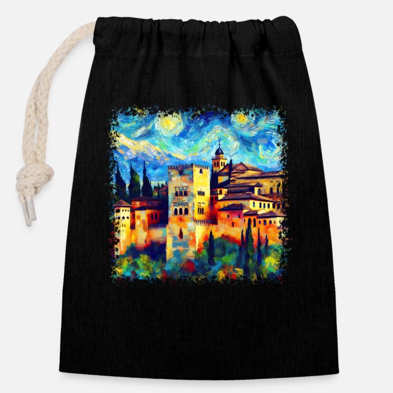 Vue de l’Alhambra dans le style Van Gogh - Sac cadeau en coton avec cordon (14 x 20 cm) - noir