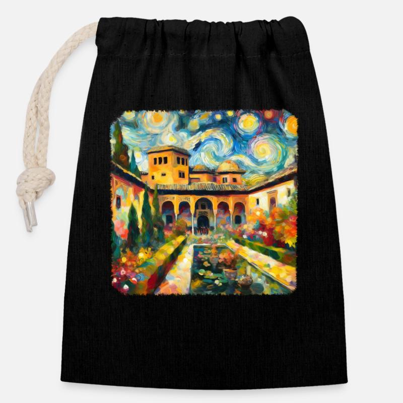 Le palais de l’Alhambra dans le style de Van Gogh - Sac cadeau en coton avec cordon (14 x 20 cm) - noir