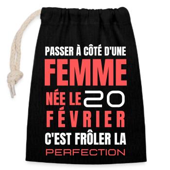 Février Éclatant - Née le 20, Lueur d'Anniversaire - Sac cadeau en coton avec cordon (14 x 20 cm) - noir - Devant