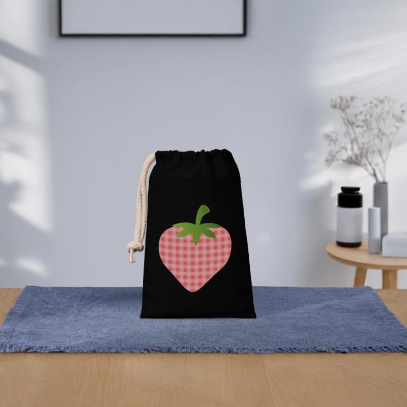 Strawberry with check pattern - personalizable Closable cotton gift bag (14x20cm)